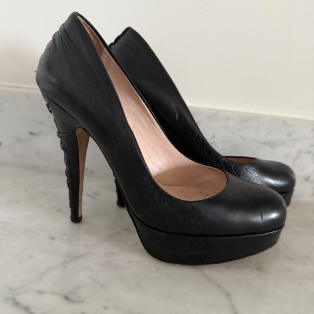 Miu Miu black calf leather corset platform pump